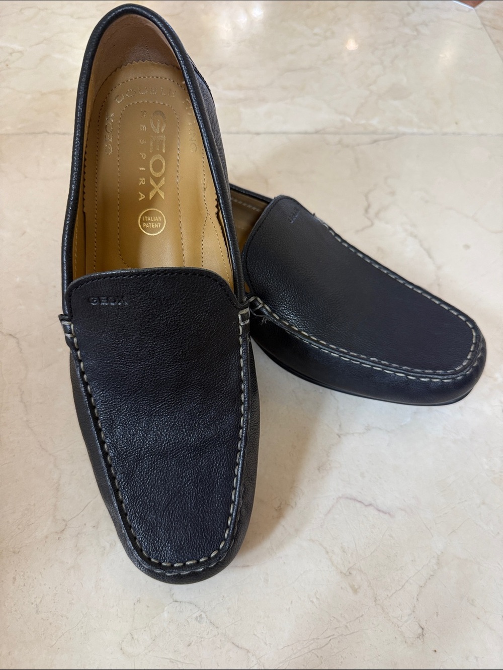 Geox Black Leather Slip-On Loafers with Contrast Stitching